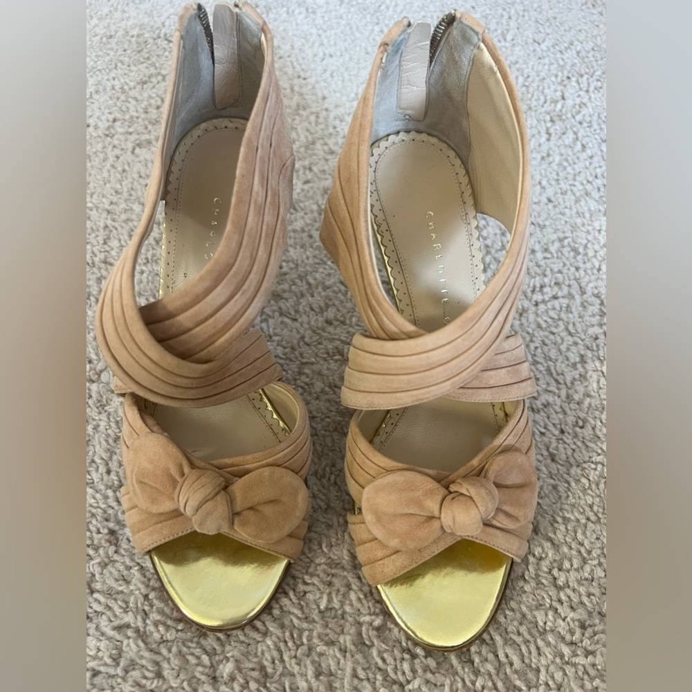 Charlotte Olympia peeptoe suede sandal heels with gold heels. Size 36.5